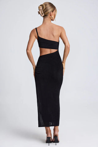 Asymmetric Maxi Dress with Side Cut-Out & Draped Ruching