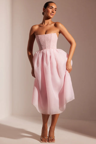 Romantic Rosette Midi Dress with Embellished Corset & Voluminous Skirt
