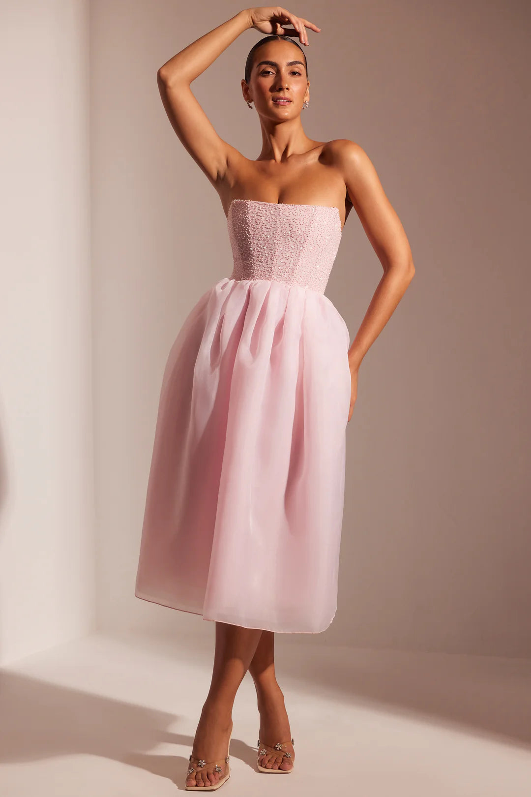 Romantic Rosette Midi Dress with Embellished Corset & Voluminous Skirt