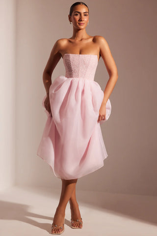 Romantic Rosette Midi Dress with Embellished Corset & Voluminous Skirt