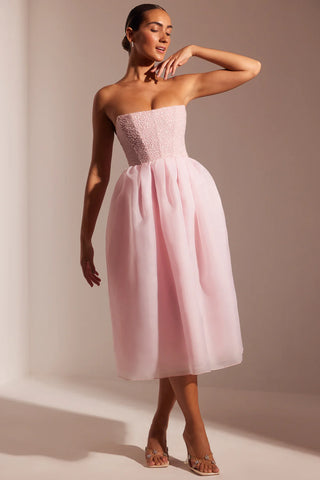 Romantic Rosette Midi Dress with Embellished Corset & Voluminous Skirt