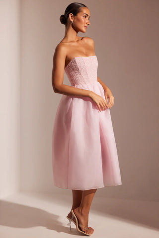 Romantic Rosette Midi Dress with Embellished Corset & Voluminous Skirt