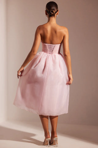 Romantic Rosette Midi Dress with Embellished Corset & Voluminous Skirt