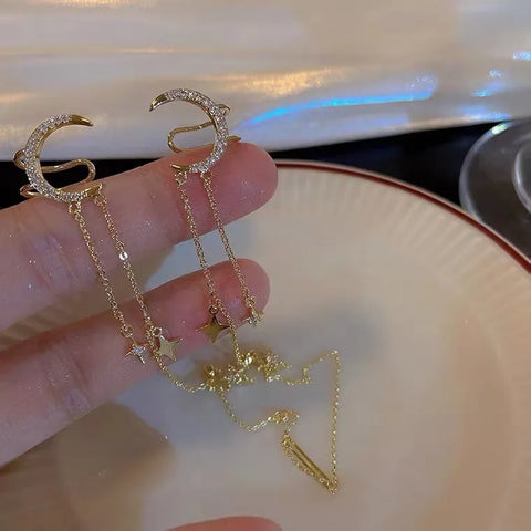 Celestial Moon and Star Ear Cuff with Dangling Tassels