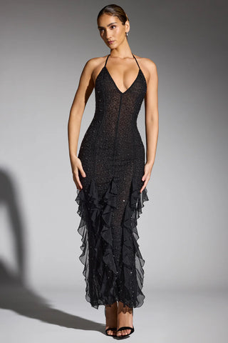 Embellished Plunging Maxi Dress for a Timeless Evening Look