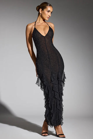 Embellished Plunging Maxi Dress for a Timeless Evening Look