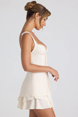 Romantic Summer Mini Dress with Lace-Up Back and Ruffle Skirt