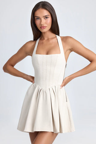 Elegant Halter Mini Dress with Corset Bodice for Day-to-Night Style