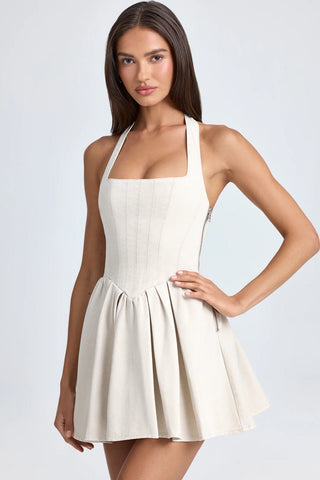 Elegant Halter Mini Dress with Corset Bodice for Day-to-Night Style