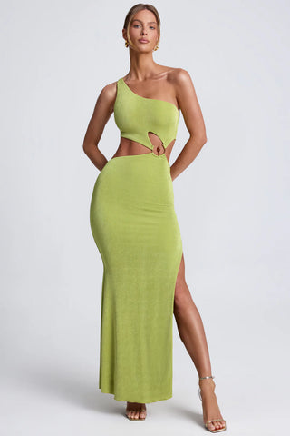 Statement One-Shoulder Maxi Dress with Gemstone Hardware & Waist Cut-Out