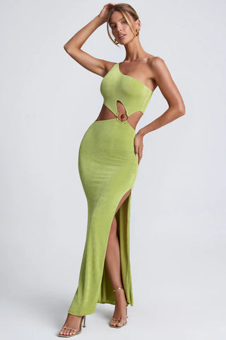 Statement One-Shoulder Maxi Dress with Gemstone Hardware & Waist Cut-Out