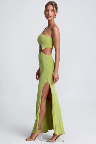 Statement One-Shoulder Maxi Dress with Gemstone Hardware & Waist Cut-Out