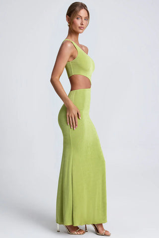 Statement One-Shoulder Maxi Dress with Gemstone Hardware & Waist Cut-Out