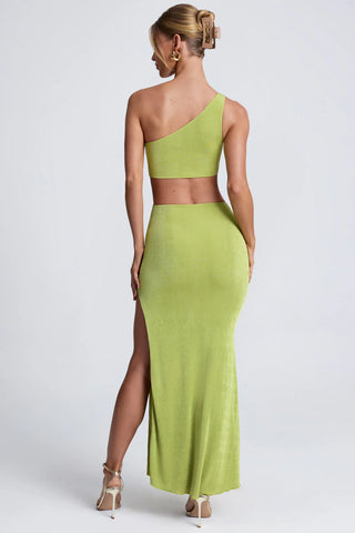 Statement One-Shoulder Maxi Dress with Gemstone Hardware & Waist Cut-Out