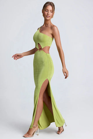 Statement One-Shoulder Maxi Dress with Gemstone Hardware & Waist Cut-Out