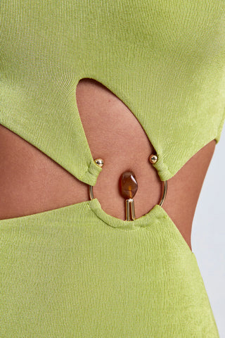 Statement One-Shoulder Maxi Dress with Gemstone Hardware & Waist Cut-Out