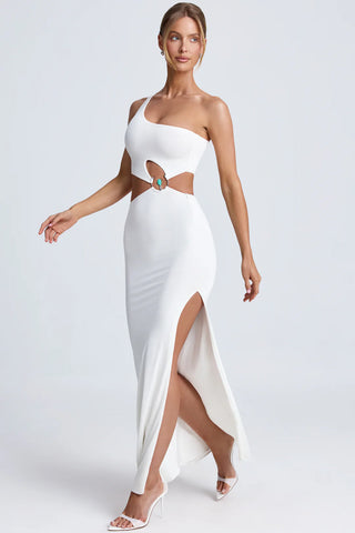 Statement One-Shoulder Maxi Dress with Gemstone Hardware & Waist Cut-Out