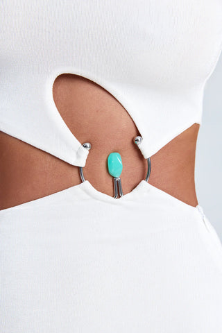 Statement One-Shoulder Maxi Dress with Gemstone Hardware & Waist Cut-Out