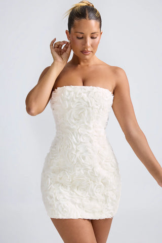 Floral Tulle Appliqué Satin Mini Dress with Internal Corset