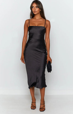 Effortless Black Midi Dress with Strappy Tie-Up Back for Formal Events