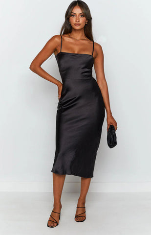 Effortless Black Midi Dress with Strappy Tie-Up Back for Formal Events