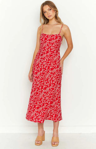 Stunning Red Floral Midi Dress for Daytime Dates and Special Events