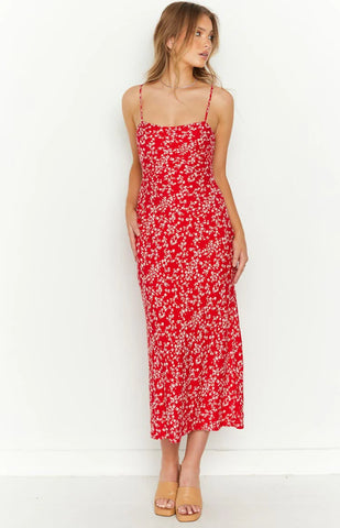 Stunning Red Floral Midi Dress for Daytime Dates and Special Events