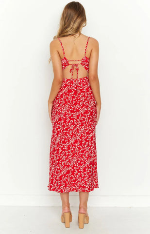 Stunning Red Floral Midi Dress for Daytime Dates and Special Events
