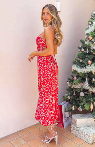 Stunning Red Floral Midi Dress for Daytime Dates and Special Events