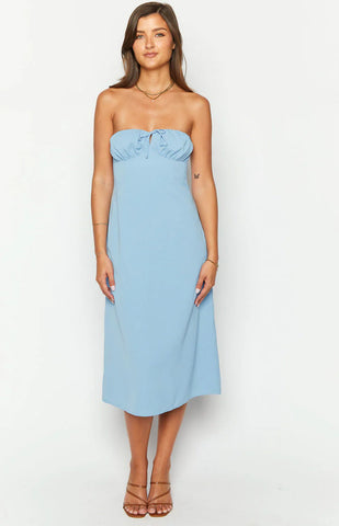 Elegant Blue Strapless Midi Dress for Weddings and Formal Events