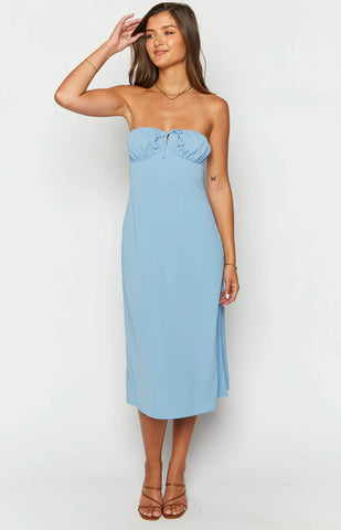 Elegant Blue Strapless Midi Dress for Weddings and Formal Events