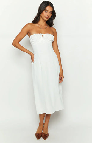 Effortless White Strapless Midi Dress for Date Nights and Summer Celebrations