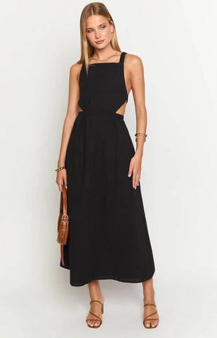 Chic Black Backless Midi Dress with Strappy Details for Evening Glamour