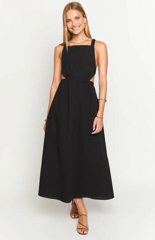 Chic Black Backless Midi Dress with Strappy Details for Evening Glamour