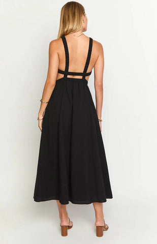 Chic Black Backless Midi Dress with Strappy Details for Evening Glamour