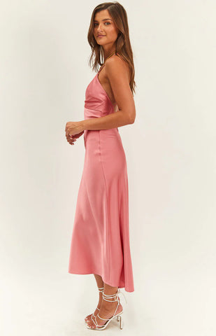 Romantic Pink Lace Midi Dress with Dramatic Open Back for Weddings & Formal Events