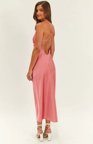 Romantic Pink Lace Midi Dress with Dramatic Open Back for Weddings & Formal Events