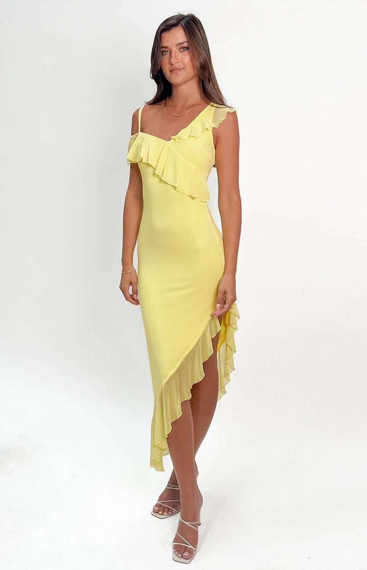 Sunny Yellow Ruffle Mesh Midi Dress for Brunch Dates & Cocktails