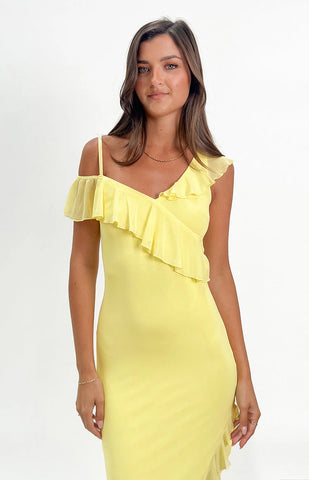 Sunny Yellow Ruffle Mesh Midi Dress for Brunch Dates & Cocktails