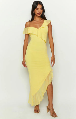 Sunny Yellow Ruffle Mesh Midi Dress for Brunch Dates & Cocktails