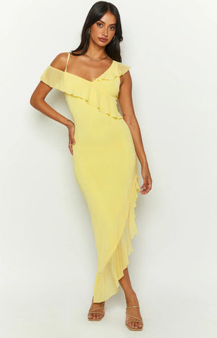 Sunny Yellow Ruffle Mesh Midi Dress for Brunch Dates & Cocktails