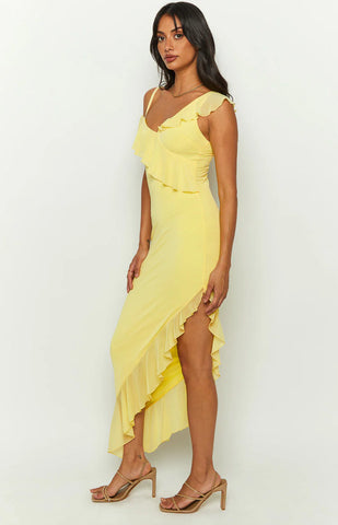 Sunny Yellow Ruffle Mesh Midi Dress for Brunch Dates & Cocktails