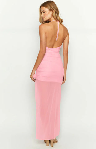 Romantic Pink Mesh Halter Dress for Sweet & Sexy Date Night Style