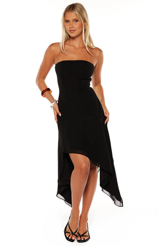 Elegant Black Strapless Chiffon Dress with Flowy Hanky Hem