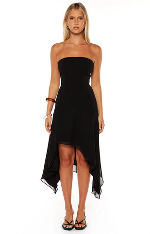 Elegant Black Strapless Chiffon Dress with Flowy Hanky Hem