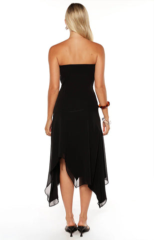 Elegant Black Strapless Chiffon Dress with Flowy Hanky Hem