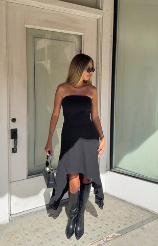 Elegant Black Strapless Chiffon Dress with Flowy Hanky Hem