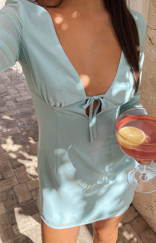 Baby Blue Cocktail Dress with Flowy Fit and Adjustable Tie