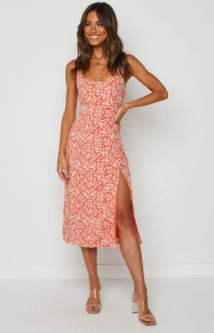 Orange Floral Midi Dress for Summer Vibes and Brunch Outfits