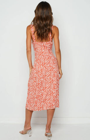 Orange Floral Midi Dress for Summer Vibes and Brunch Outfits